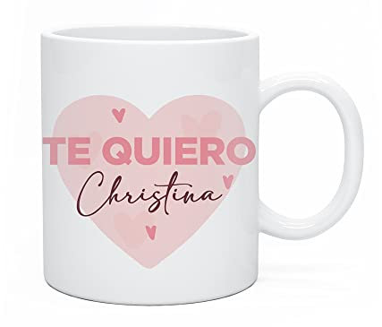 Regalo Original Taza de Cerámica 33 cl Personalizada con Texto Diseño Romántico Te Quiero con Nombre y Corazones Rosas para Parejas