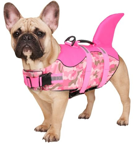 CITÉTOILE Salvagente per Cane, Giubbotto Salvagente per Cani, Ripstop Regolabile Squalo Giubbotto di salvataggio, Leggero e Sicuro per Gli Sport Acquatici, Rosa mimetico, M