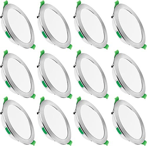 ALUSSO LED Recessed Ceiling Spotlights Dimmable 5W 3CCT Nickel 12 Pack | Downlight Ultra Slim 400LM, Warm White 3000K Neutral White 4000K Cool White 6500K Adjustable, IP44 Waterproof Lighting