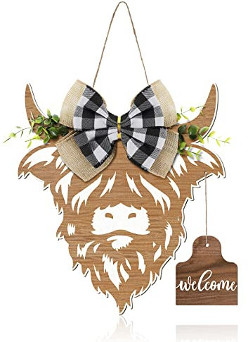 Weysat Highland Cow Decor Cow Head Wreath Sign Gifts Wooden Welcome Door Hanger for Front Door Porch Farmhouse Decor Indoor Outdoor(Wood Color)