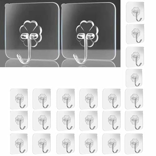 DDSHUN Adhesive Wall Hooks Bathroom Kitchen 24 Packs Heavy Duty Nail Free Sticky Hangers with Stainless Utility Towel Bath Ceiling Hooks for Kitchen, Bathroom, Office, Closet