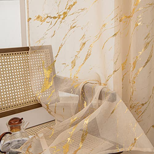 Sutuo Home Durchsichtige Marmor-Vorhänge, 213 cm Länge, 2 Paneele, Goldfolien-Druck, metallische Bronze, Sichtschutz, Fensterbehandlung, Abstrakter Vorhang, Paar für Schlafzimmer, Küche, Wohnzimmer,