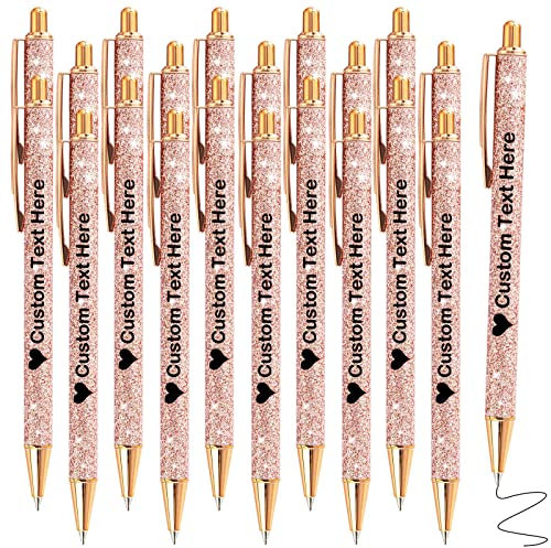 Xiuyours Personalised Pens for Women Custom Glitter Pen with Name Logo Imprinted, 20 Customised Sparkly Bling Ballpoint Pen Gift for Wedding Birthday Office Graduation, Rose Gold