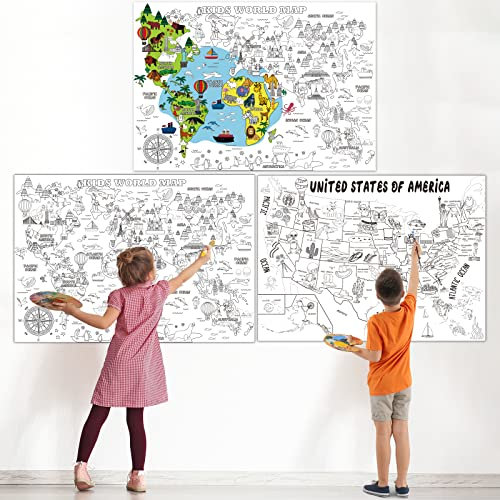2 Stück Jumbo USA & Weltkarte Ausmalposter 111,8 x 81,3 cm große Weltkarte Ausmaltisch Abdeckung Riesige USA-Karte Wand Doodle Kunst Ausmalen Bildung Poster für Klassenzimmer Zuhause Geburtstag Party