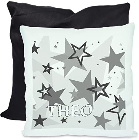 CreaDesign, Kinder Kissen 40x40 cm personalisiert mit Namen, Kinderzimmer Deko Kissen Kinder mit Füllung Federn, Motiv Sterne grau, Rückenfarbe Schwarz