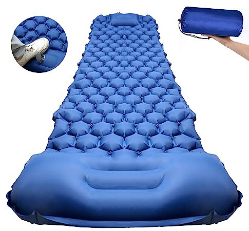 JOLIGAEA Esterilla Camping Autoinflable, Colchoneta para Dormir para Acampar con Almohada, Ultraligero Colchon Hinchable Camping con Bomba de Pie, para Viajes, Exteriores, Senderismo, Playa (Blue)