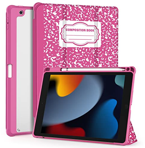 OKP for iPad 9th/8th/7th Generation Case (2021/2020/2019), iPad 10.2 inch Cases with Trifold Stand, Slim ipad 9/8/7 Cover with Pencil Holder, Clear Back Shell, Composition Book Pink