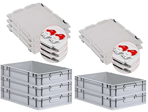 PROREGAL SuperSparSet 5x Eurobox NextGen Grip mit Scharnierdeckel und roten Schiebeschnappverschlüssen, HxBxT 12x40x60cm, 23 L, Grau, Griffe geschlossen, Eurobehälter, Transportbox