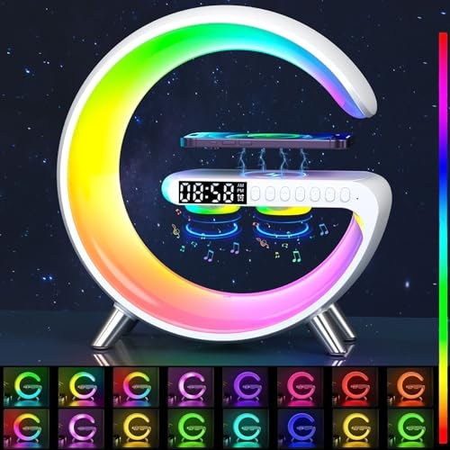 Sunshine smile Nachttischlampe mit Ladefunktion,Atmosphärenlampe,Intelligent LED Tischlampe,Nachttischlampe Touch Dimmbar,Nachttischlampe mit Kabellosem Ladegerät,Bluetooth Lautsprecher,Uhr,Radio