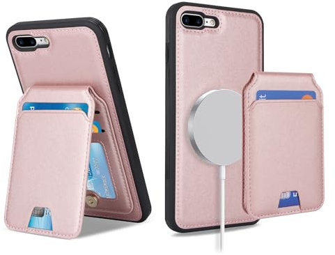 Havaya For iPhone 7 Plus Case Compatible with Magsafe Case for iPhone 8 Plus with Detachable Card Holder Leather Wallet Case for Women and Men - Pink
