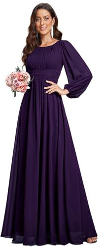 Ever-Pretty Robe Demoiselle d'honneur Femme Longue Manches Longues Col Rond Mousseline Chic Violet Foncé 48