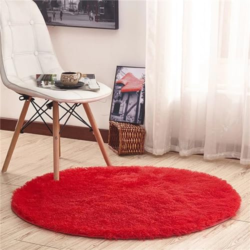 Hiseng Teppich Rund Flauschiger Waschbar, Hochflor Plüsch Weicher Teppich Wohnzimmer Teppich Modern für Wohnzimmer Kinderzimmer Schlafzimmer (40cm,Rot)