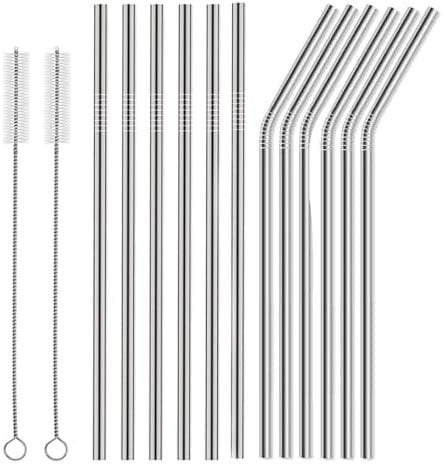 12 Pcs Reusable Stainless Steel Straws, Metal Drinking Straws, Bent & Straight Straws with 2 Cleaning Brush for Cocktail, Milkshake, Cold or Hot Drinks
