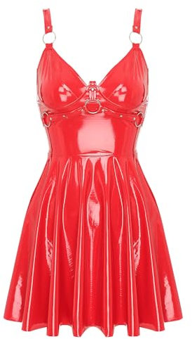 Aislor Damen Lackkleid Wetlook Minikleid Kurz Lack Leder Kleid Kunst Leder Kleid Rückenfrei Partykleid Skater Rock Party Clubwear B Rot 4XL