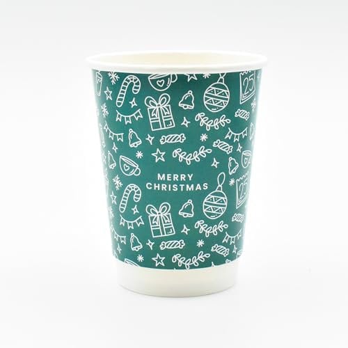 Merry Christmas 12oz Paper Cups - Disposable Christmas Takeaway Coffee Cups (Green, 200)