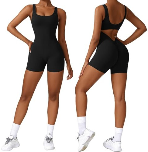 Vertvie Jumpsuit Damen Scrunch Butt Kurz Eng Overall Sommer V Back Jumpsuit Gym Padded Yoga Bodysuit Rückenfrei Einteiler Ärmellose Sport Romper(Tank Schwarz,S)