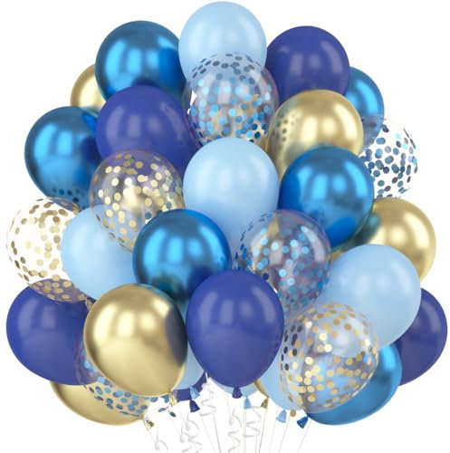 Luftballons Blau Gold, 60 Stück Ballons Gold Dunkelblau Hellblau, Blau Gold Metallic Luftballons Latex Ballons mit Konfetti für Luftballons Girlande Geburtstag Babyparty Hochzeit Deko