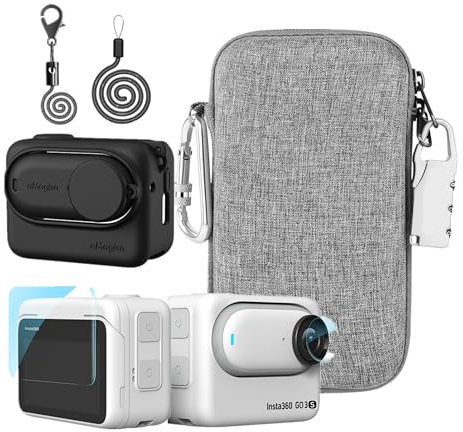LEWOTE Zubehör Kit Kompatibel mit Insta360 GO 3S[Silikon Kamera Case Cover und Objektivkappe][2Pcs Displayschutzfolie][Tragetasche mit Auto Locking Karabiner und Anti-Loss Lock] (Schwarz)