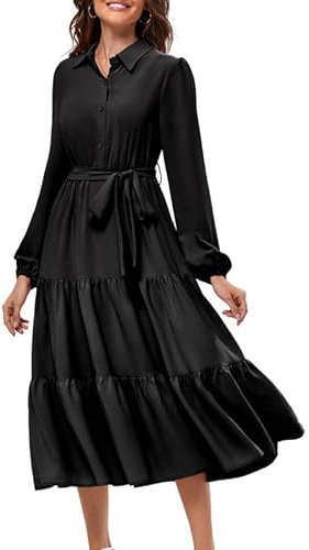 JASAMBAC Women's UK Button Down Shirt Dresses Long Sleeve Casual Collared Tiered Polo Neck Midi Ruffle Pleated A Line Elegant Flowy Dress with Pockets Black