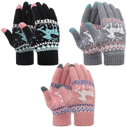 Xialvyu 3 Paare Handschuhe Damen Warm Winter Gefüttert, Winterhandschuhe Strickhandschuhe Touchscreen, Warme Handschuhe Thermo mit Weihnachten Rentier Muster für Outdoor Aktivitäten