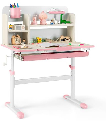 COSTWAY Kinderschreibtisch höhenverstellbar, Schreibtisch Kinder mit neigbarer Tischplatte, Regalen & Schublade, Jugendschreibtisch Schülerschreibtisch für 3-12 Jahre Kinder (Rosa)