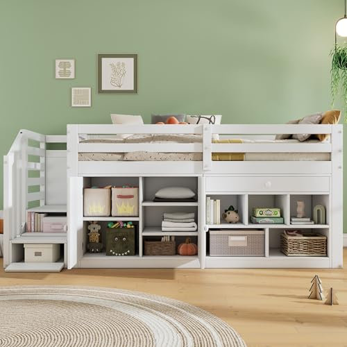 xixiworkshop Kinderbett 90x200cm, Multifunktionales Hochbett mit austauschbar Tisch/Schrank/Treppen/Leiter Bett mit Stauraum für Kinder Mädchen Jungen, Einzelbett Rausfallschutz ohne Matratze