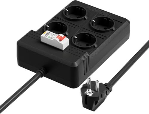 SAFEMORE RCD-Steckdosenleiste mit integriertem 16A FI-Schutzschalter Typ A (30mA, Kurve C), 4-Fach Mehrfachsteckdose mit 3m schwerem Verlängerungskabel, Schwarz