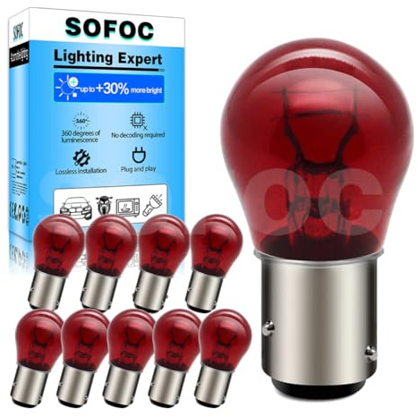 SOFOC PR21/5W Rück-Bremslicht Rot 12V BAW15D 150° versetzte Stifte S25 | 10Pcs•15MM Bajonettsockel • Doppelfilamente • Versetzte Stifte • Hochtemperaturbeständig • Doppelkontakt