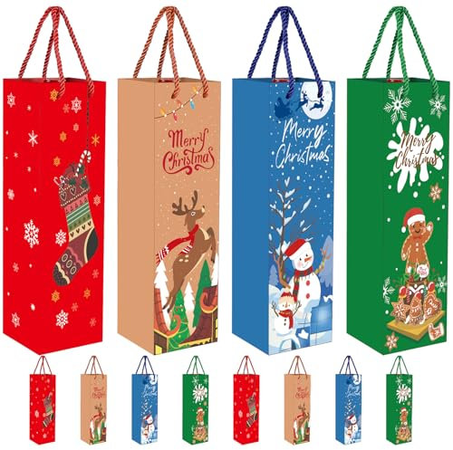 MORAINJAY 12 Pcs Christmas Wine Bottle Gift Bags - Kraft Paper Carrier With Handles for Champagne, Spirits - Xmas Wrapping for Holiday Parties