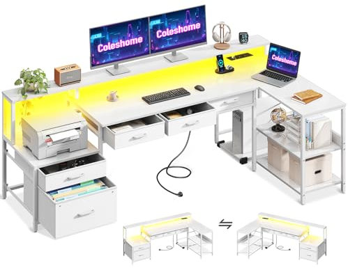 Coleshome Scrivania Angolare con Cassetti, Scrivania Gaming con Presa di Corrente e LED, Scrivania ad Angolo Reversibile con Supporto per Monitor per Ufficio a Casa, 195x100cm, Bianco