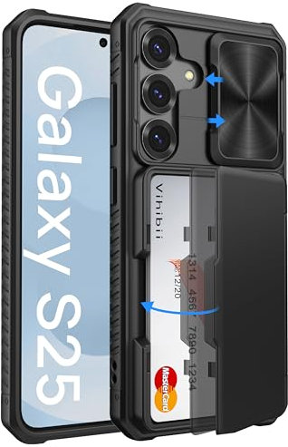 Vihibii pour Coque Samsung Galaxy S25 avec Porte Carte [RFID Blocking], Cache Caméra,Protection Militaire Antichoc Étui Bord en Silicone Incassable Portefeuille pour Samsung Galaxy S25 6,2 5G, Noir