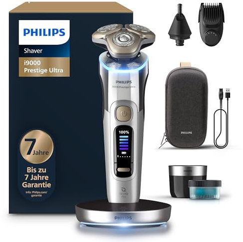 Philips Rasierer i9000 Prestige Ultra, Nass- und Trockenrasiererr, chrom, Druck- und Bewegungssensor, 5+1 Bartstyler, Nasenhaartrimmer, Reinigungsstation, Ladestation und Reiseetui (Modell XP9404/38)