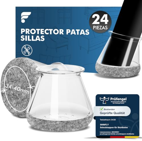 shinfly 24 Pièces Protection Pied de Chaise, Patins pour Chaises Silicone | Rond Protege Pied de Chaise et Sol avec Feutre, Anti-Rayure et Silencieux sur Bois, tampon chaise (L 34–40mm Transparent)