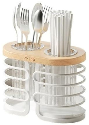 Porta utensilios Organizador de cubiertos de cocina con marco de haya de alambres de metal blanco, soporte for utensilios de 2 compartimentos, estante de drenaje for cubiertos for encimera Porta cubie