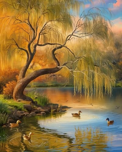 TISHIRON Paint by Numbers Kit for Adults - Serene River with Willow Trees & Ducks Color by Number Canvas - Relaxing DIY Art Craft Kits - 16x20 Inch