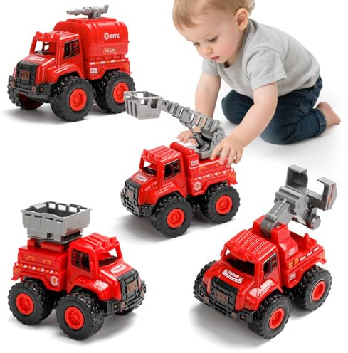 4er Set Feuerwehrautos Spielzeug für Kinder – Push and Go Feuerwehr Fahrzeuge ohne Batterie – Inkl. Leiterwagen, Löschfahrzeug, Rettungswagen & Bohrfahrzeug – Für Jungen & Mädchen ab 2 3 4 5 Jahre