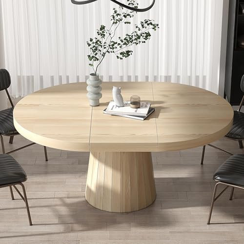 Homary Ovaler ausziehbarer Esstisch für 10,2-15,2 cm, 160 cm - 200,7 cm, erweiterbarer Japandi-Holz-Küchentisch mit Sockel, weiß gekalkt