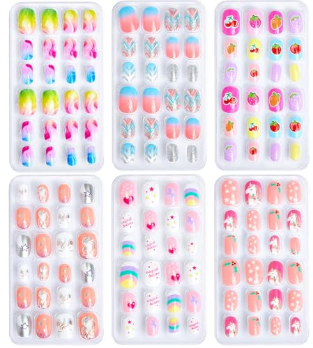 144Stück Falsche Nägel für Kinder mit Jelly Kleber - 6 Verschiedene Designs Kunstnägel Kinder, Cute Farbig Kunstnägel Kinder, Nagelset Schönes Geschenk für Mädchen zu Hause (Set D)