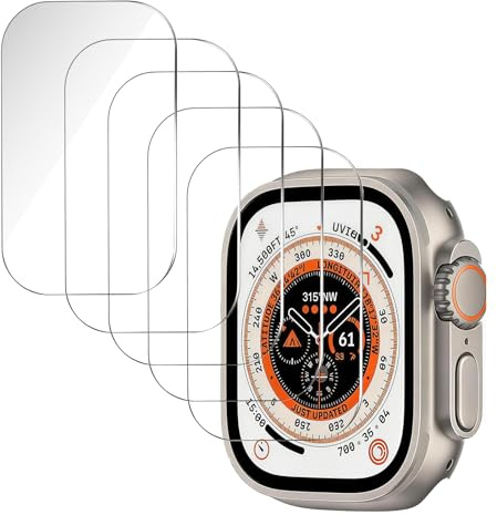 Uluck 5 Stück Panzerglas Kompatibel Apple Watch Ultra 3 (2025)/ Ultra 2/ Ultra 49mm, 5 Stück 9H Displayschutz, Blasenfreie, Wasserdicht, Kratzfest