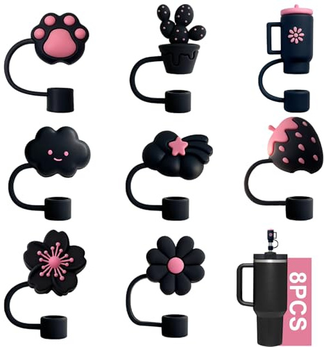 Censuob 8 Pcs Dustproof Straw Covers for Stanley Cup Accessories 10mm 0.4in | Straw Covers Cap, Reusable Straw Toppers, Silicone Straws Cover Tips for Stanley 40/30 Oz Tumbler（Black, Pink）