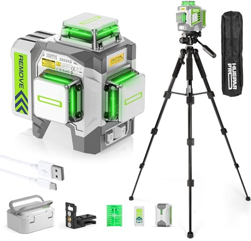 Huepar Pro 3D Kreuzlinienlaser Selbstnivellierend mit 127cm Stativ ZK03CGT | ±2mm Hohe Genauigkeit, Fernbedienung, 10 Stunden Betriebsdauer, Wiederaufladbarer Akku, 127 cm Stativ, Transportkoffer