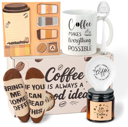 Ithmahco Coffee Lover Gifts for Women Men - Includes Mug Spoon Rest Holder Candle Socks Sticky Notes Set, Coffee Gift Basket for Birthday Galentines Valentines Day Christmas Thanksgiving Gift Ideas