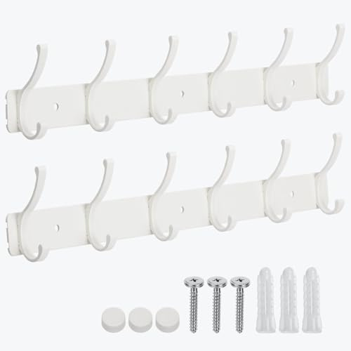Wall Mount Coat Rack 2 Pack, White Coat Hooks Hanger with 6 Double Hooks | Zinc Alloy, Smooth Hook Edges, Screw Installation, Double Hooks,Greater Storage Space for Hanging Robes, Clothes, Bags, Hat
