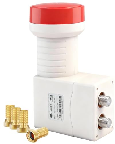 [Test SEHR GUT, Note 1.4 *] AB Twin LNB Red Edition 2 Teilnehmer für Satellitenschüssel Antenne, 4K LTE Filter LNC, 2-Fach Direktanschluss an Sat Receiver inkl. 4X vergoldete Nonic F-Stecker