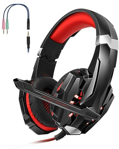 Tomvorks KOTION EACH G9000 Over-ear Gaming Headphones with Noise Isolating Microphone for Desktop Laptop, LED Light an Immersive Gaming Experience (Black and Red)