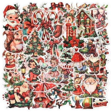 50-Pack Christmas Stickers - Retro Aesthetic Waterproof Stickers for Scrapbook, Laptop, Christmas Cards