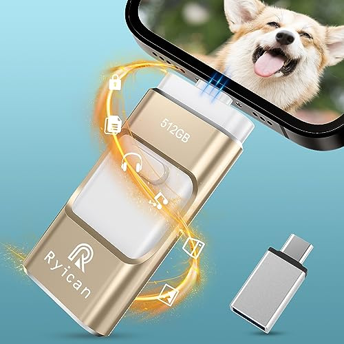 Pendrive USB para Phone,Ryican 512GB Memoria USB C transmisión de Alta Velocidad 4 en 1 Photostick Memoria Externa para iOS/Pad/Android/Teléfono/PC, Tiene Función de Protección Contraseña,Oro