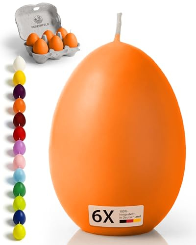 Kerzenfeld® Eierkerzen Orange 6 Stück, 60 x 45mm Premium Frühlingsdeko und Ostergeschenk, Handgetaucht und mit 7+ Stunden Brenndauer, Made in Germany - Unparfümiert und RAL-Zertifiziert