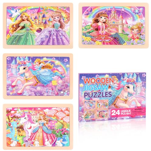 DERAYEE 4 Wooden Jigsaw Puzzles Set, 24 Pieces Princess Themed Gift Box Jigsaw Puzzle Educational Toys for Kids Girls Age 3 Years Up