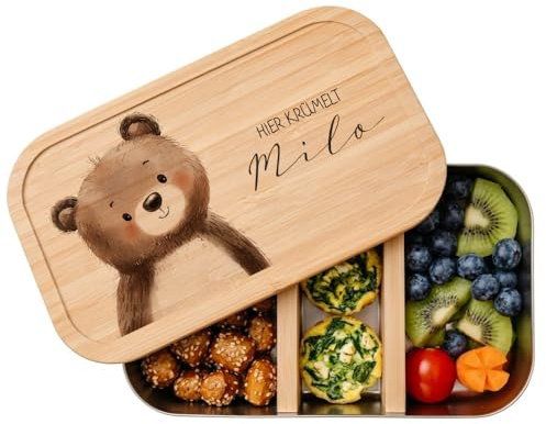 Manufaktur Liebevoll Personalisierte Brotdose mit Namen für Kinder Lunchbox Waldtiere Frühstücksdose Kindergarten Schule Einschulung Mädchen Jungen 2 Größen (Bär, Edelstahl | Größe M (19,5x12x6cm))